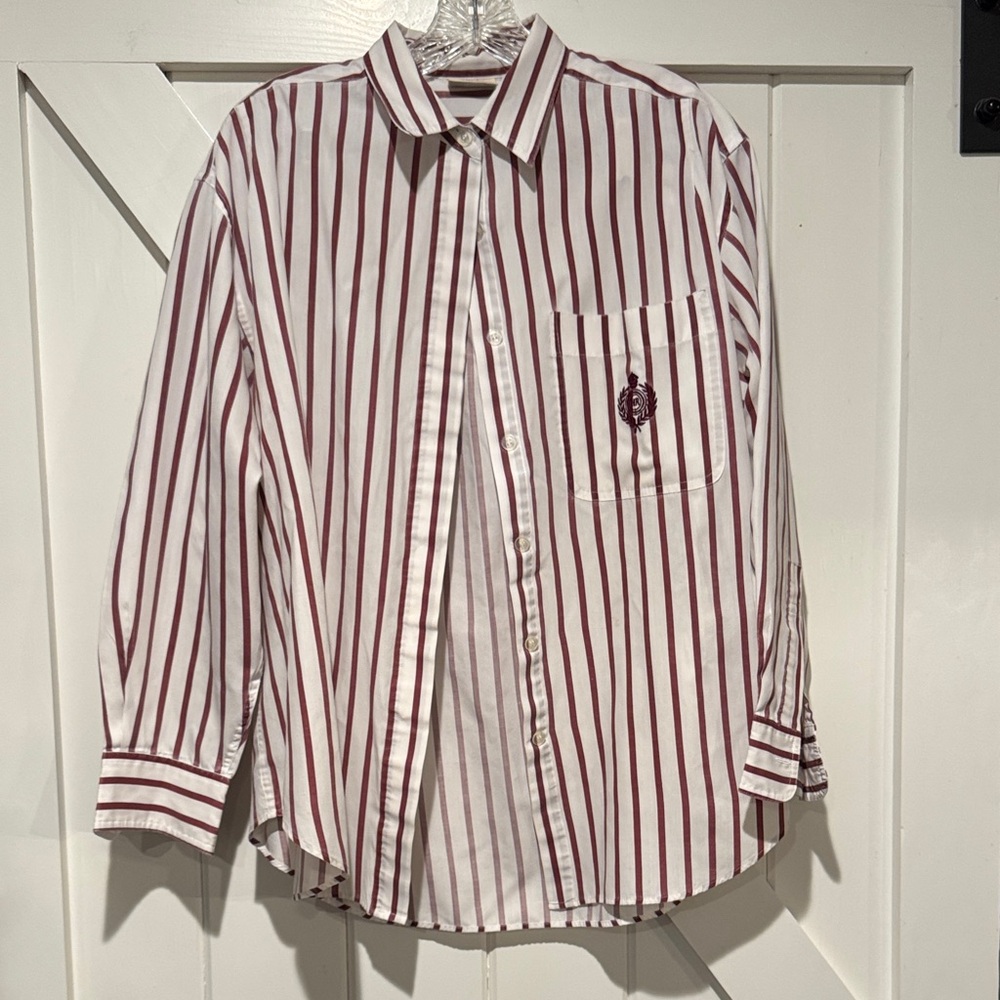 Men's Burgundy and White Striped Button Down Shirt